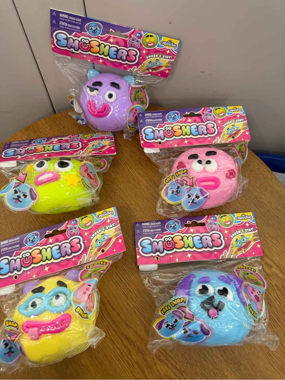 Smushers Squishy Faces - Pink, Purple, Yellow, Blue, Green full set.